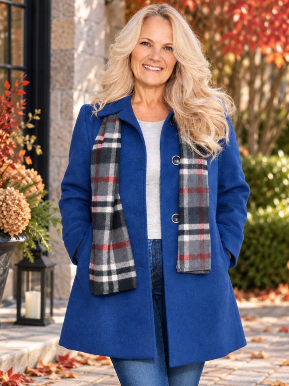 Blue Petite Pea Coat with Plaid Scarf – Size 8